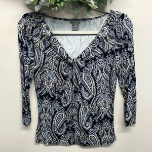 Ann Taylor Paisley 3/4 Sleeve V-Neck Twist Knot Blouse S